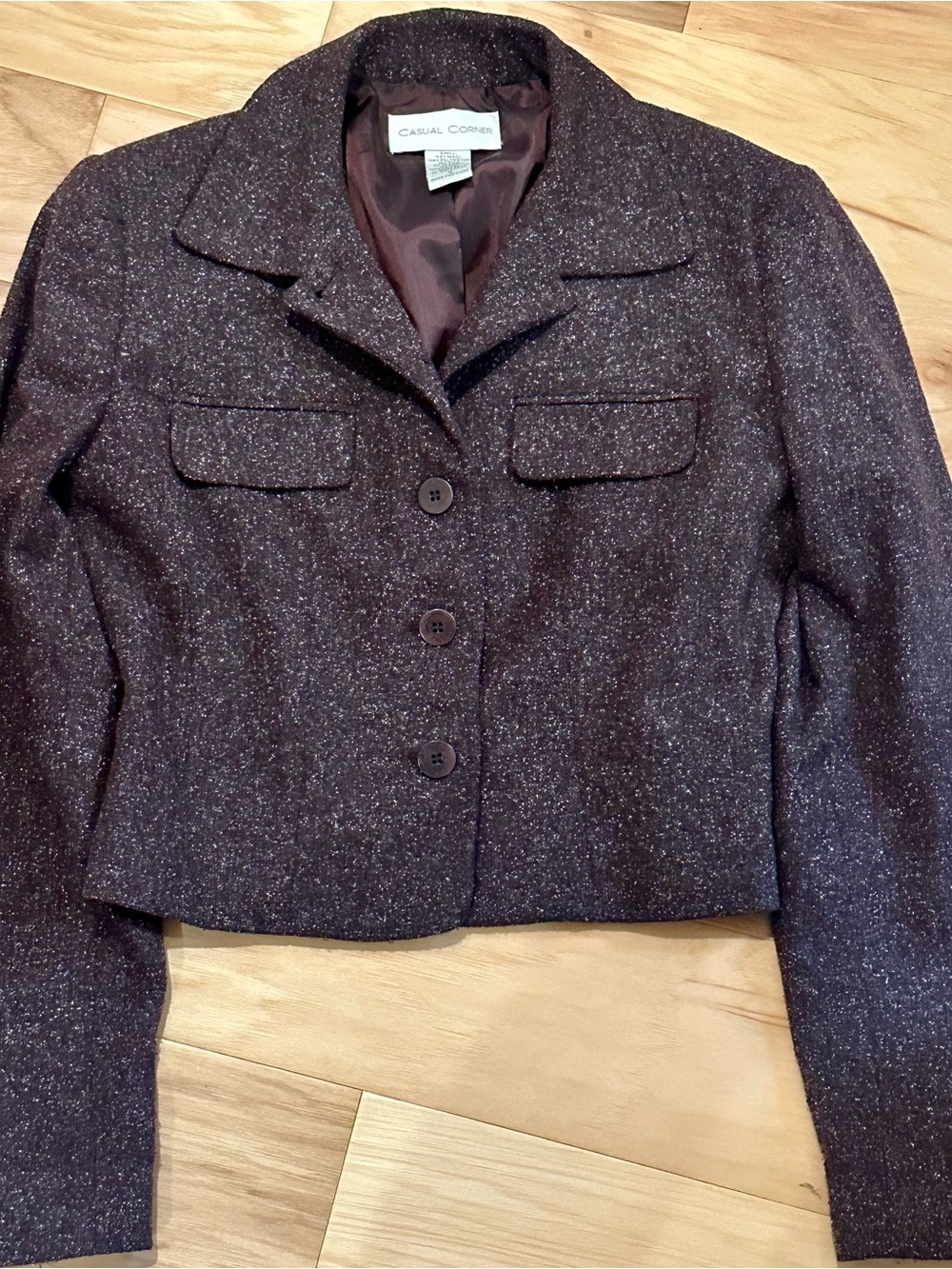 vintage brown purple wool tweed cropped blazer with button front & pockets